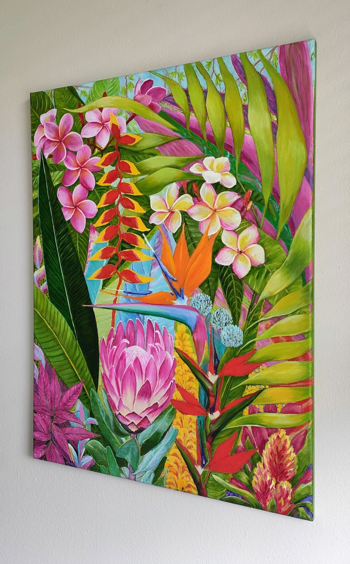 Hawaiian Tropical Flowers Plumeria Bird Of Paradise Oil Painting Art - Image 2