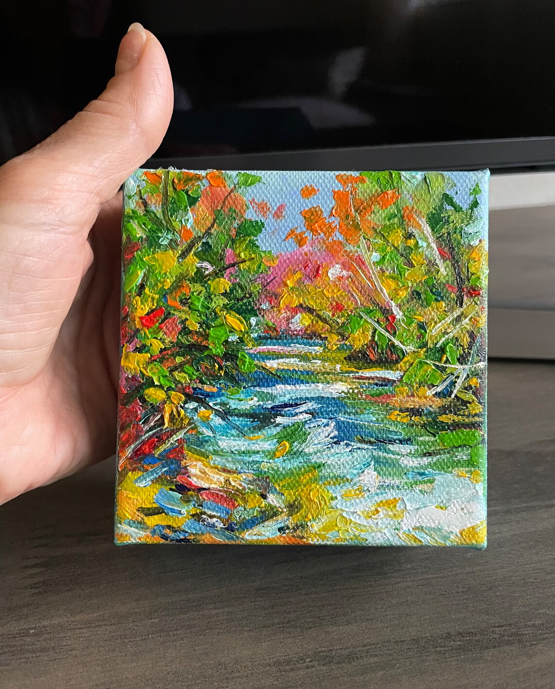 Autumn River Flowing Through Fall Foliage Original Oil Painting Wall Art - Image 4
