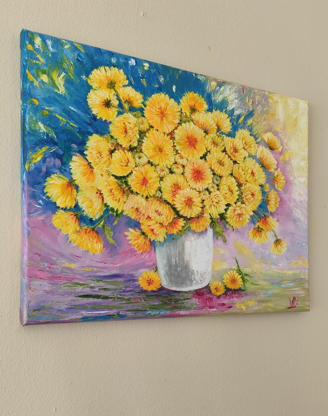 Golden Yellow Chrysanthemum Bouquet White Vase Bright Floral Poster - Image 2
