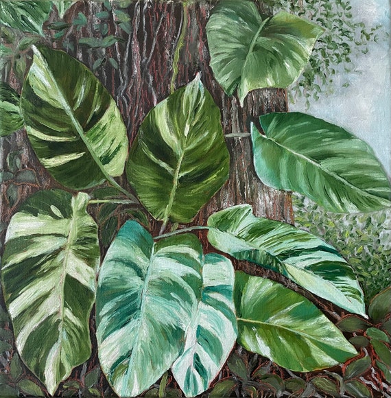 Tropical Creeper Plant Original Handmade Oil Painting On Hawaiian Botanical Plant Leaves Painting One Of A Kind Gift