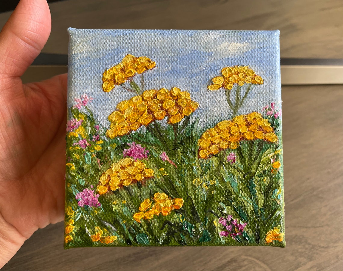 Golden Tansy Wildflowers Blue Sky Meadow Tiny Oil Painting Poster - Image 3