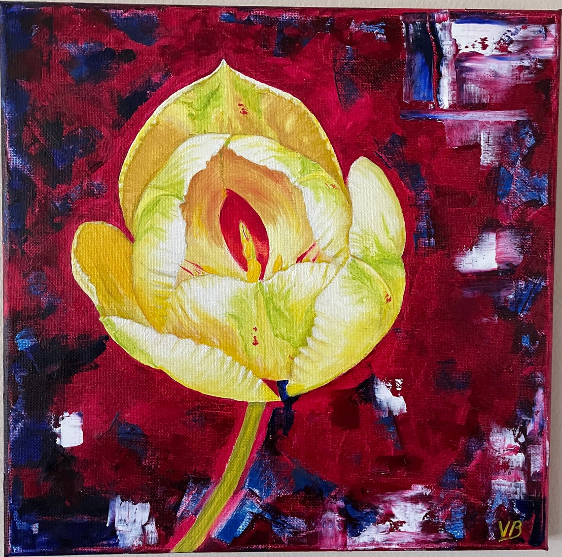 Yellow Lemon Tulip Blossom On Deep Red Background Floral Art Poster - Image 3