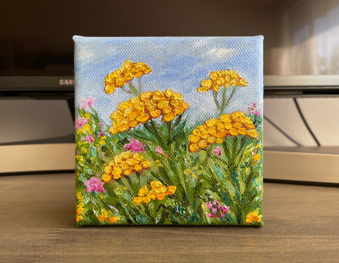Golden Tansy Wildflowers Blue Sky Meadow Tiny Oil Painting Poster