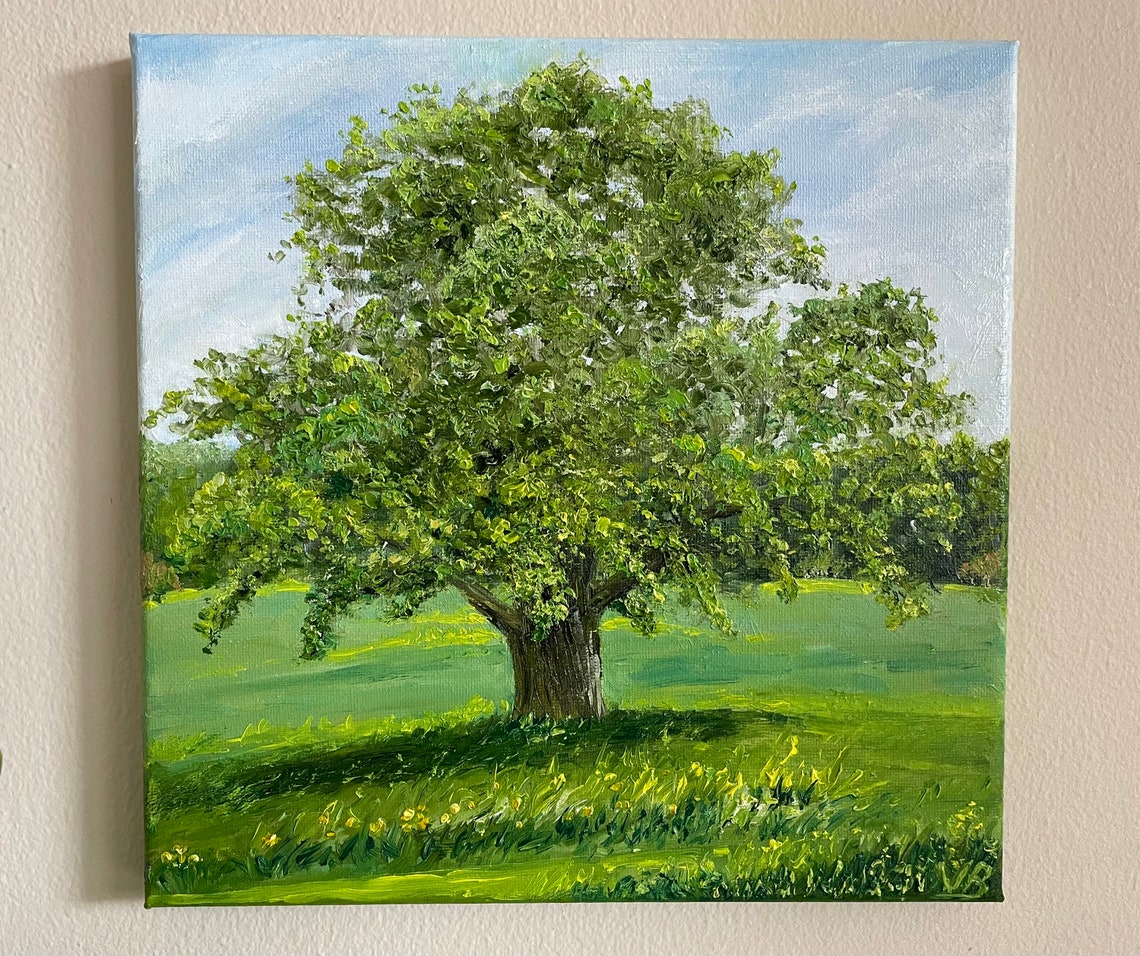 Majestic Oak Tree Sunny Park Meadow Green Landscape Oil Wall Art - Image 2