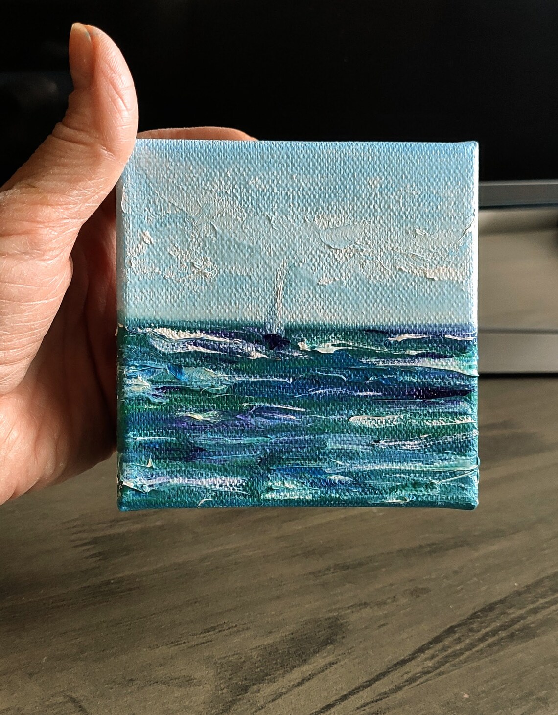 White Sailboat On Deep Teal Blue Sea Under Calm Pale Sky Art Poster - Image 3