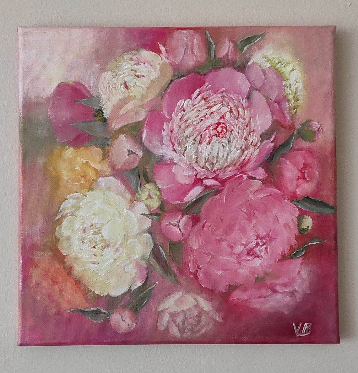 Blush Pink Peonies Bouquet Soft Floral Oil Painting Wall Art Poster