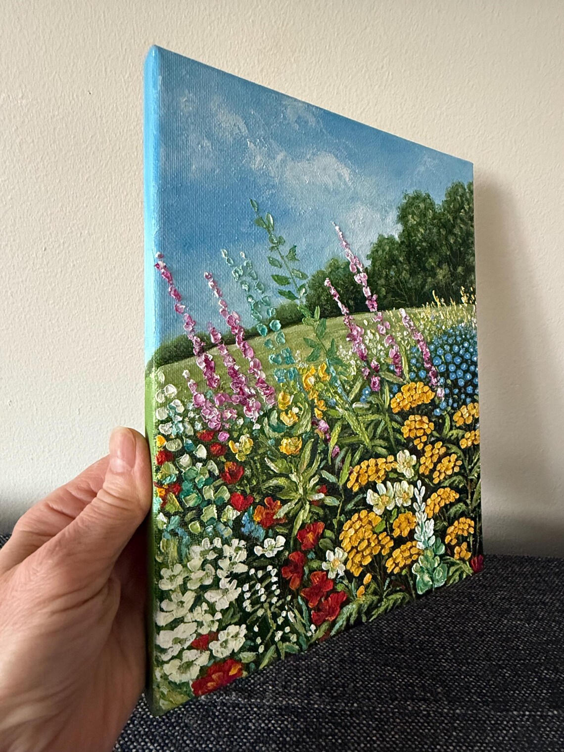 Wildflower Meadow Hill Green Valley Summer Blooms Oil Painting Art - Image 3