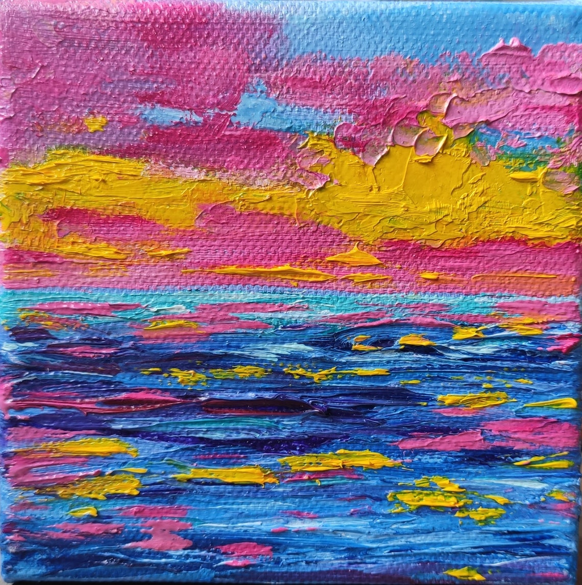 Vibrant Pink Yellow Sunset Over Blue Sea Impasto Seascape Art Poster - Image 3