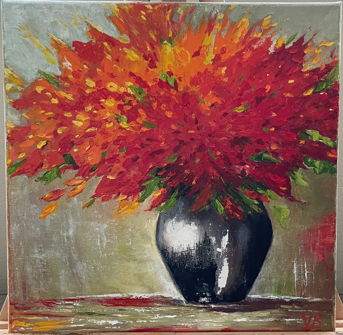 Fiery Red Orange Abstract Flowers Black Vase Modern Floral Poster - Image 2