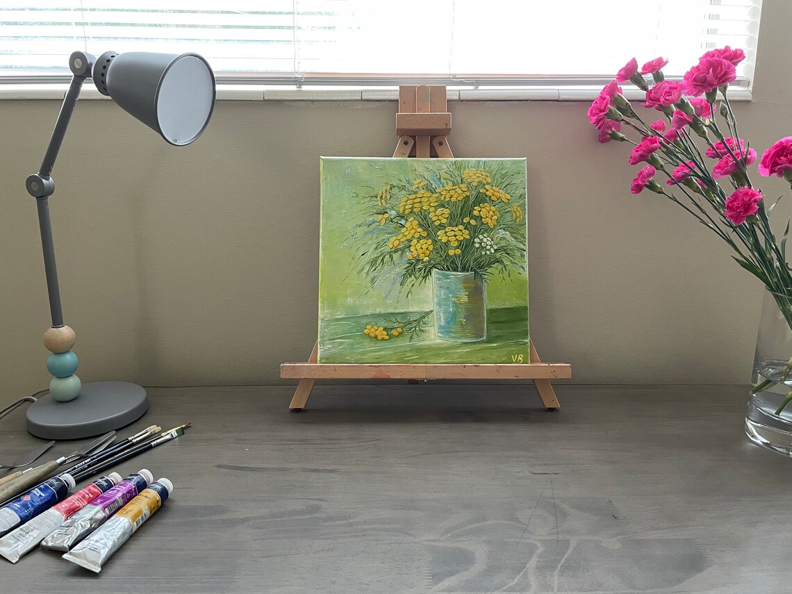 Yellow Tansy Wildflowers Glass Vase Floral Oil Painting Wall Art - Image 2
