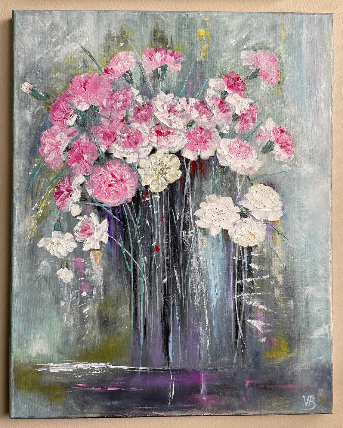 Pink White Carnations Soft Gray Abstract Contemporary Floral Poster - Image 4