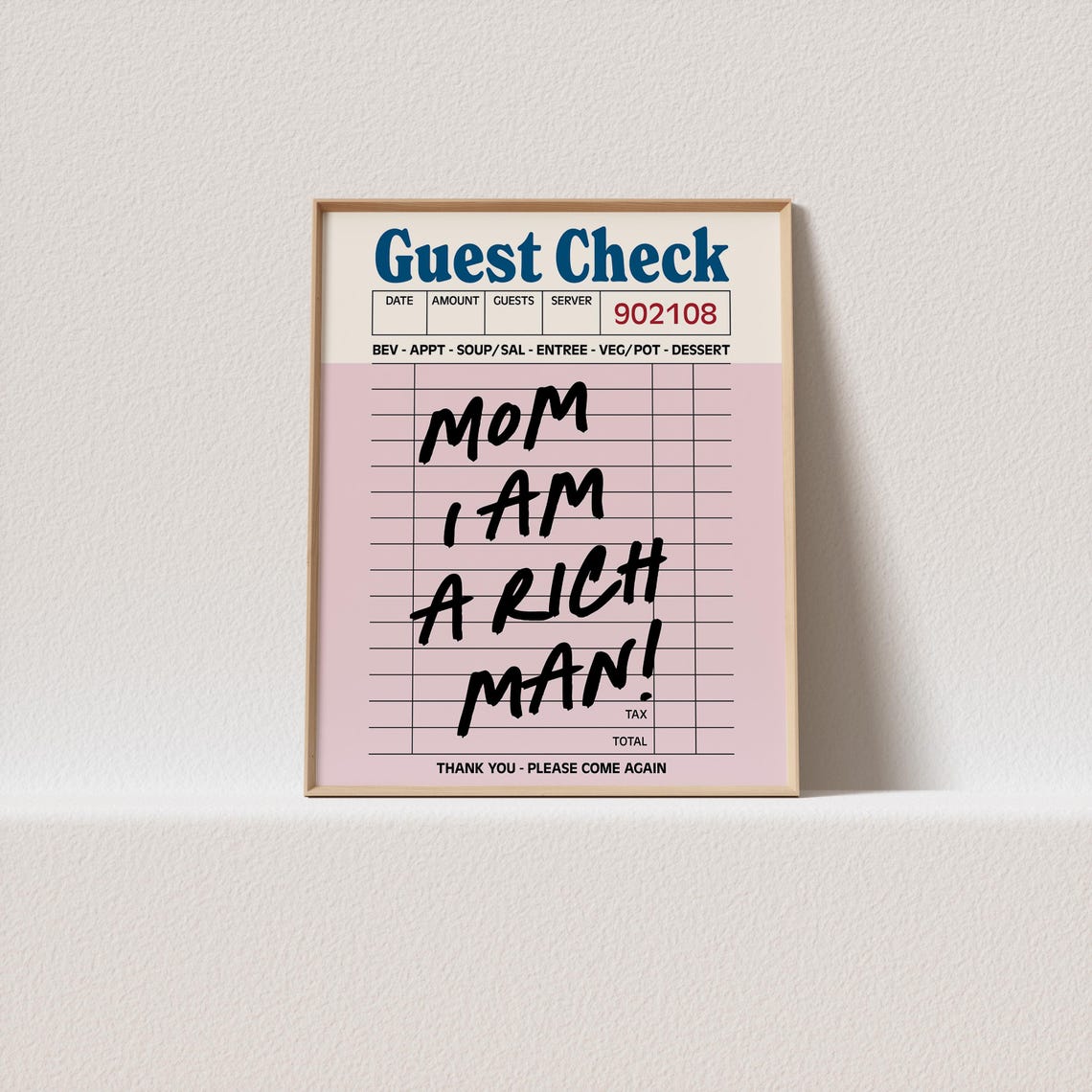 Mom I Am A Rich Man Guest Check Poster Pink Retro Diner Receipt Art