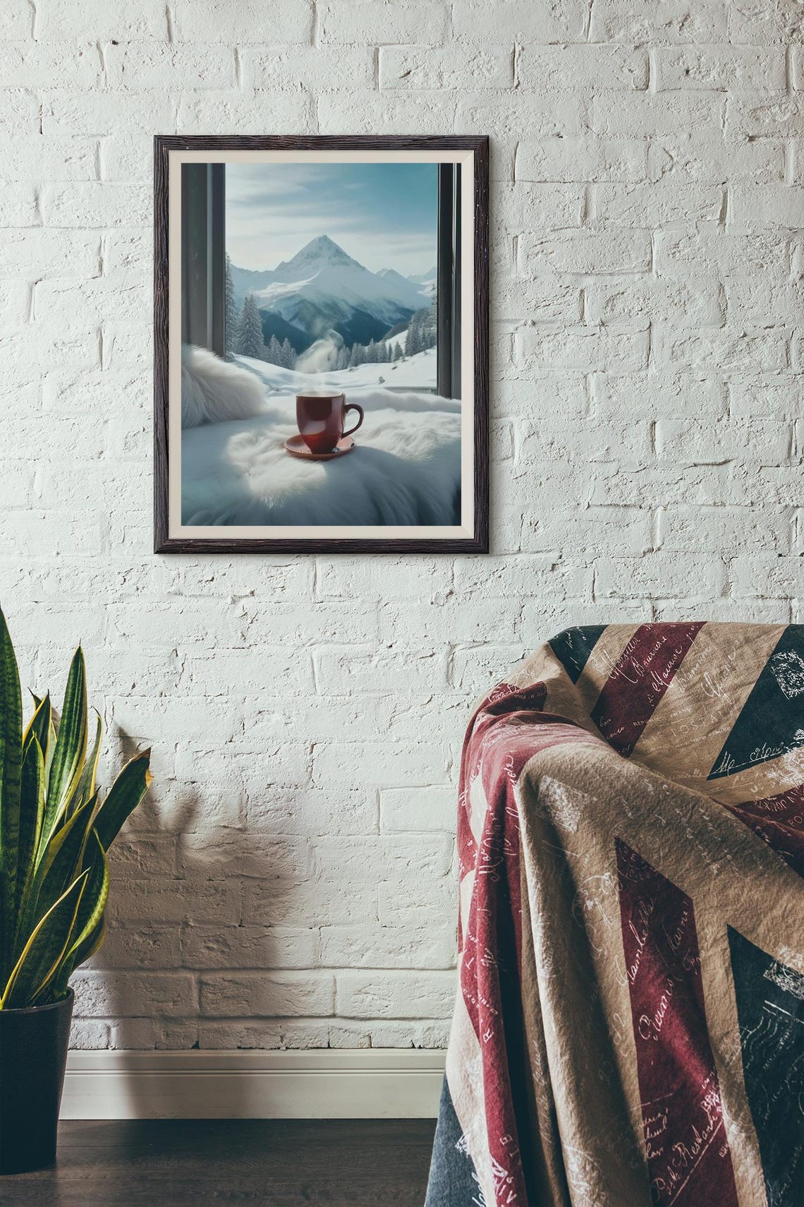 Snowy Mountain Peak Window View Cozy Coffee Cup Winter Poster - Image 2