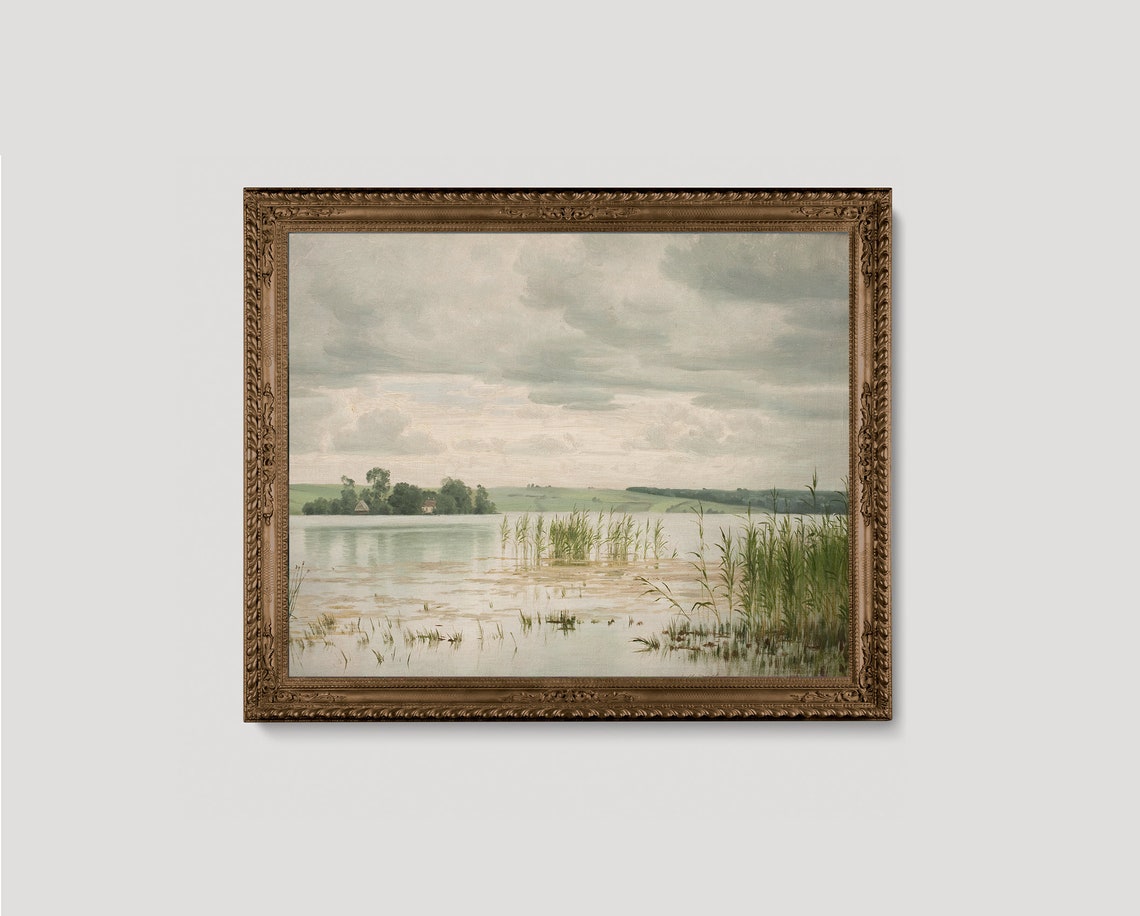 Vintage Marsh Lake Landscape With Reeds Under Cloudy Sky Art Poster - Image 2