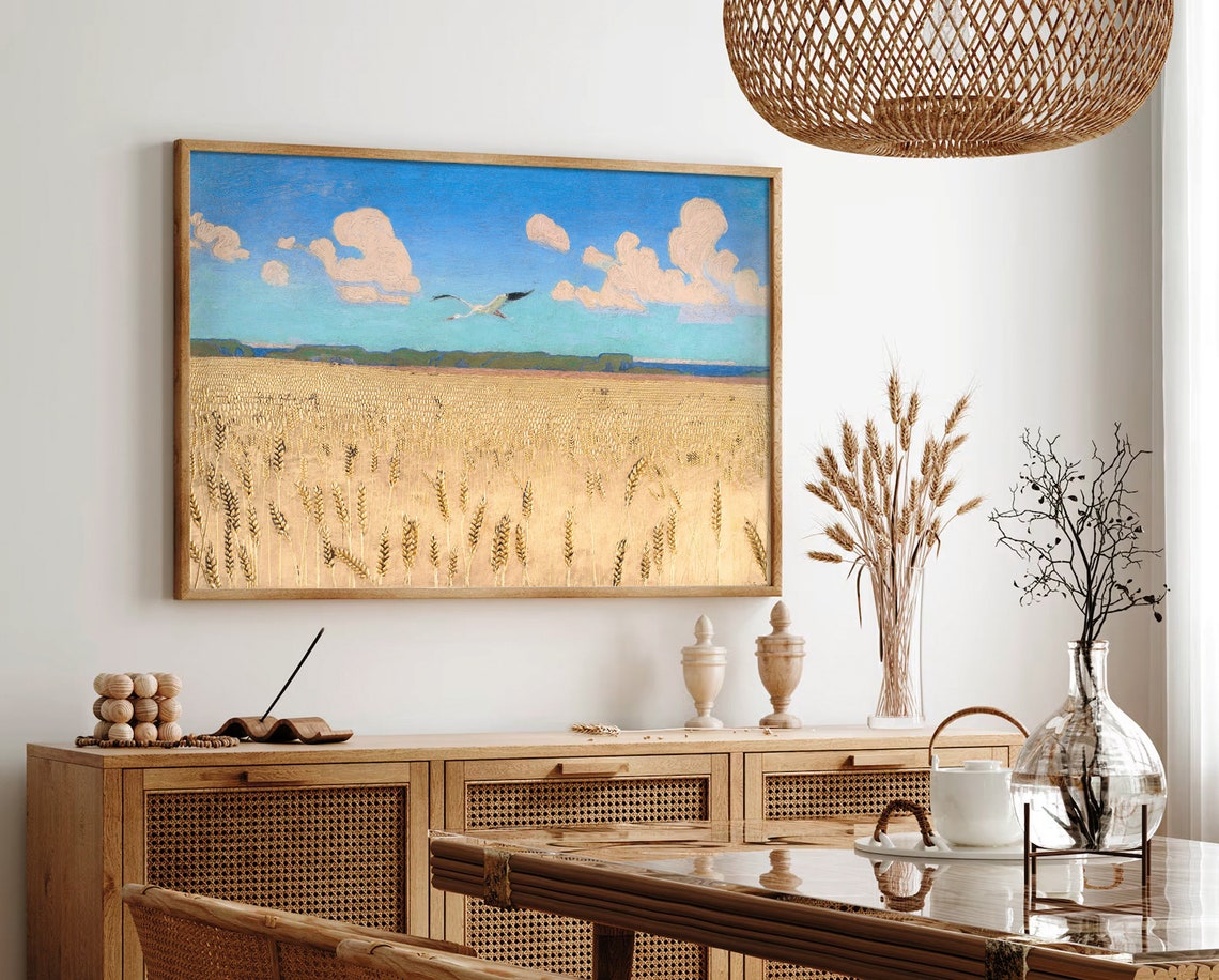 Golden Wheat Field with Flying Bird Vintage Landscape Poster - Image 3