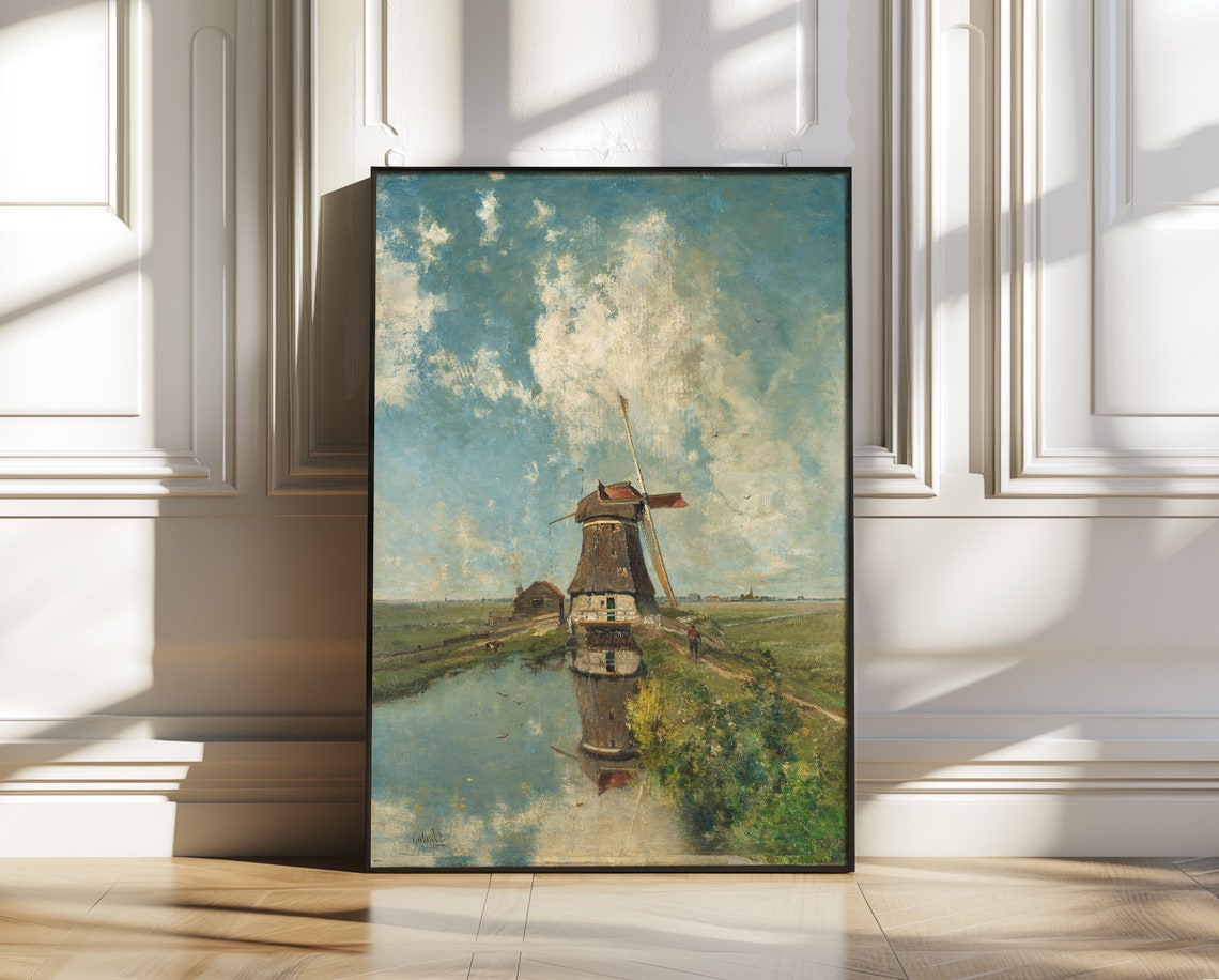 Old Windmill Reflected in Water Vintage Landscape Painting Poster - Image 3