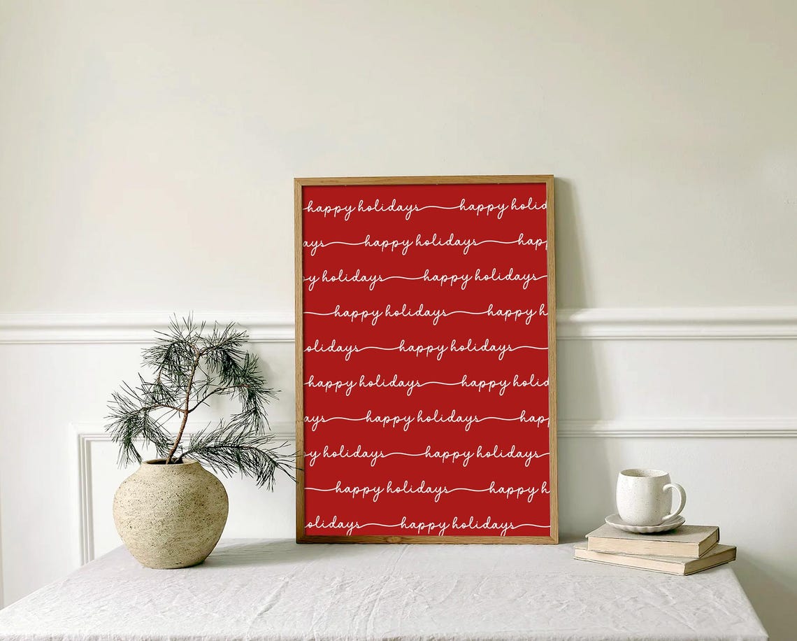 Happy Holidays Script Pattern on Crimson Red Christmas Poster - Image 3