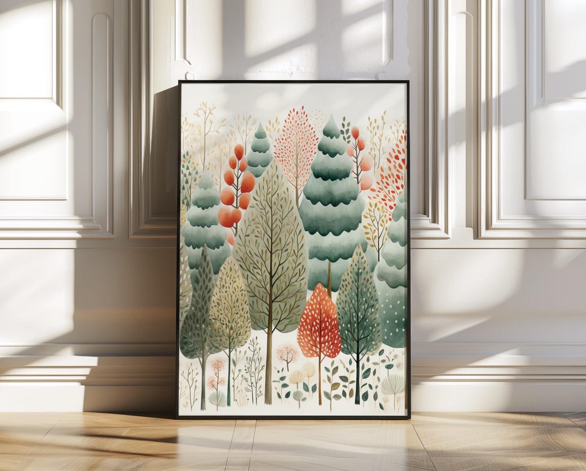 Whimsical Watercolor Forest with Colorful Stylized Trees Poster - Image 4