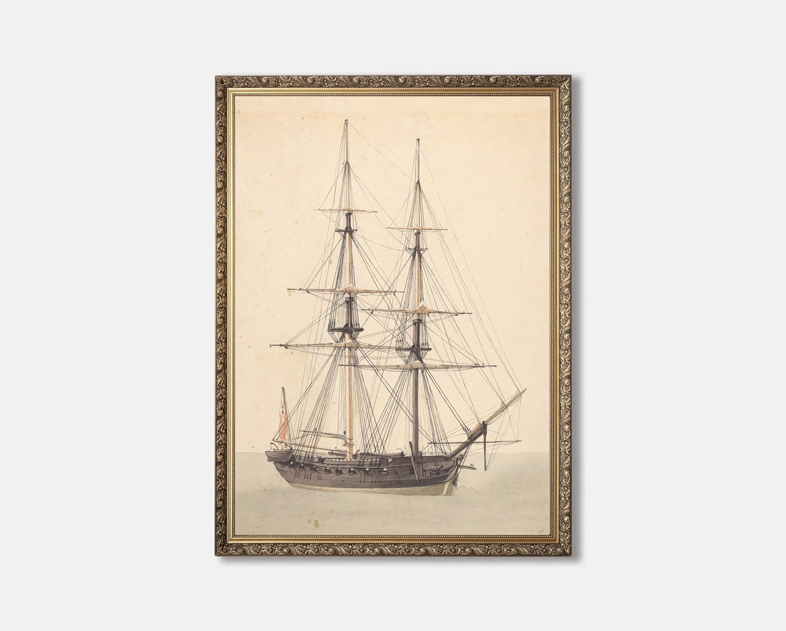 Antique Tall Ship With Two Masts Vintage Nautical Engraving Poster - Image 3