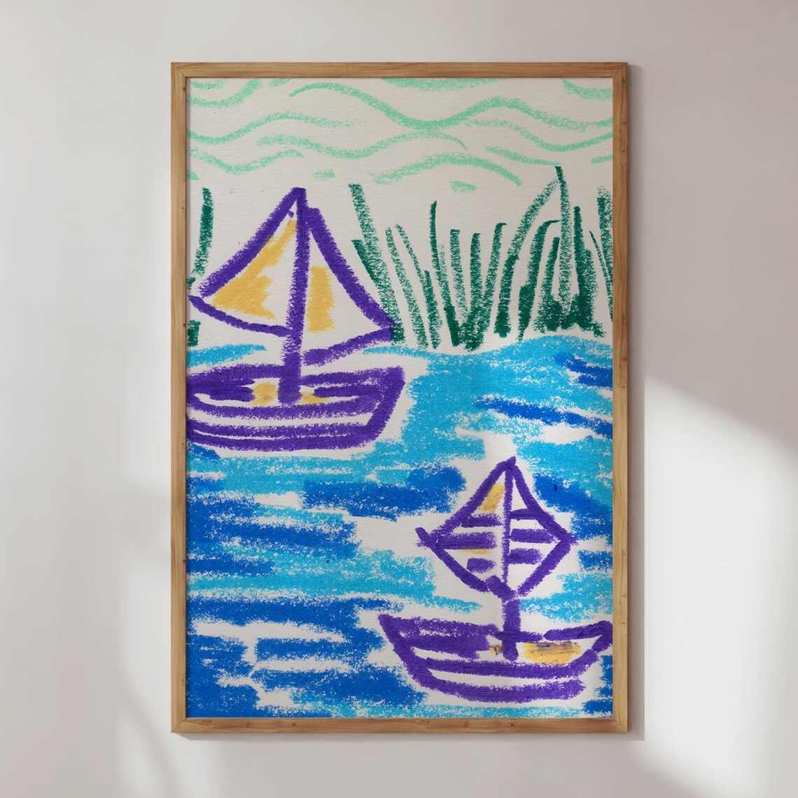 Colorful Sailboats Oil Pastel Bright Seaside Folk Art Poster