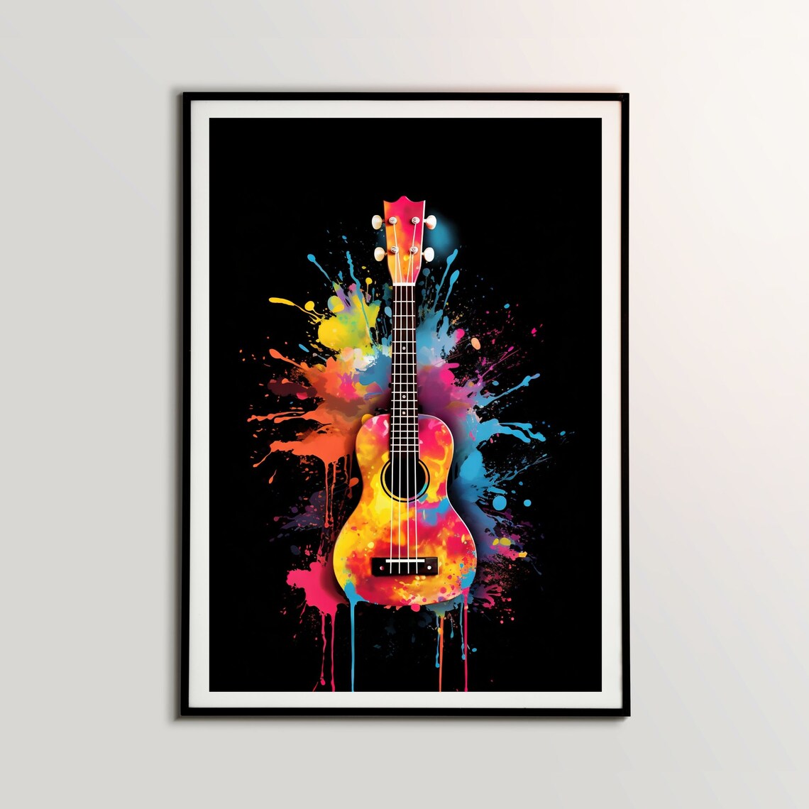 Ukulele Watercolor Splash Rainbow Black Background Music Poster