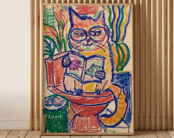 Cheeky Cat Reading On Toilet With Glasses Funny Bathroom Poster