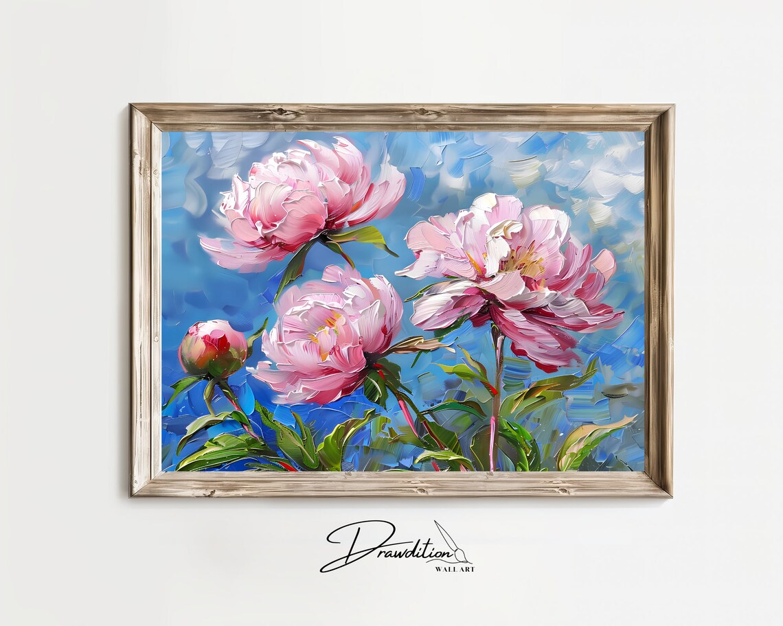Pink Peonies Blue Sky Impasto Oil Texture Vibrant Floral Art Poster