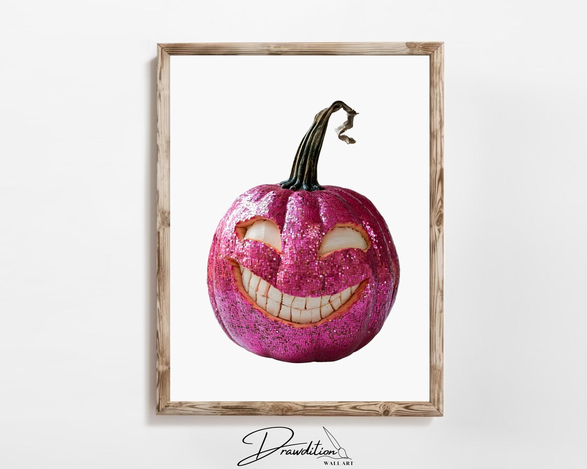 Pink Glitter Jack O Lantern Pumpkin Big Smile Halloween Party Wall Art