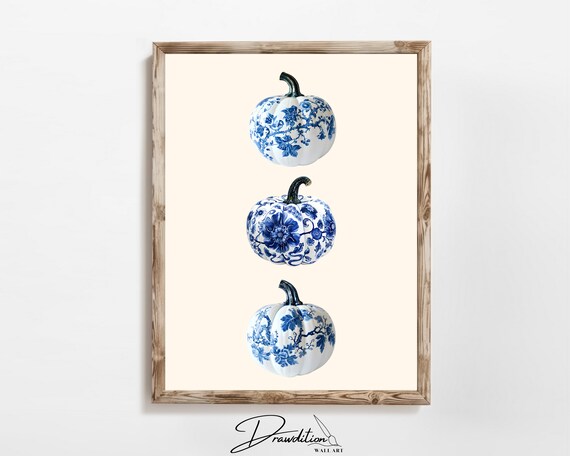 Blue White Floral Pumpkin Trio Chinoiserie Fall Home Decor Poster