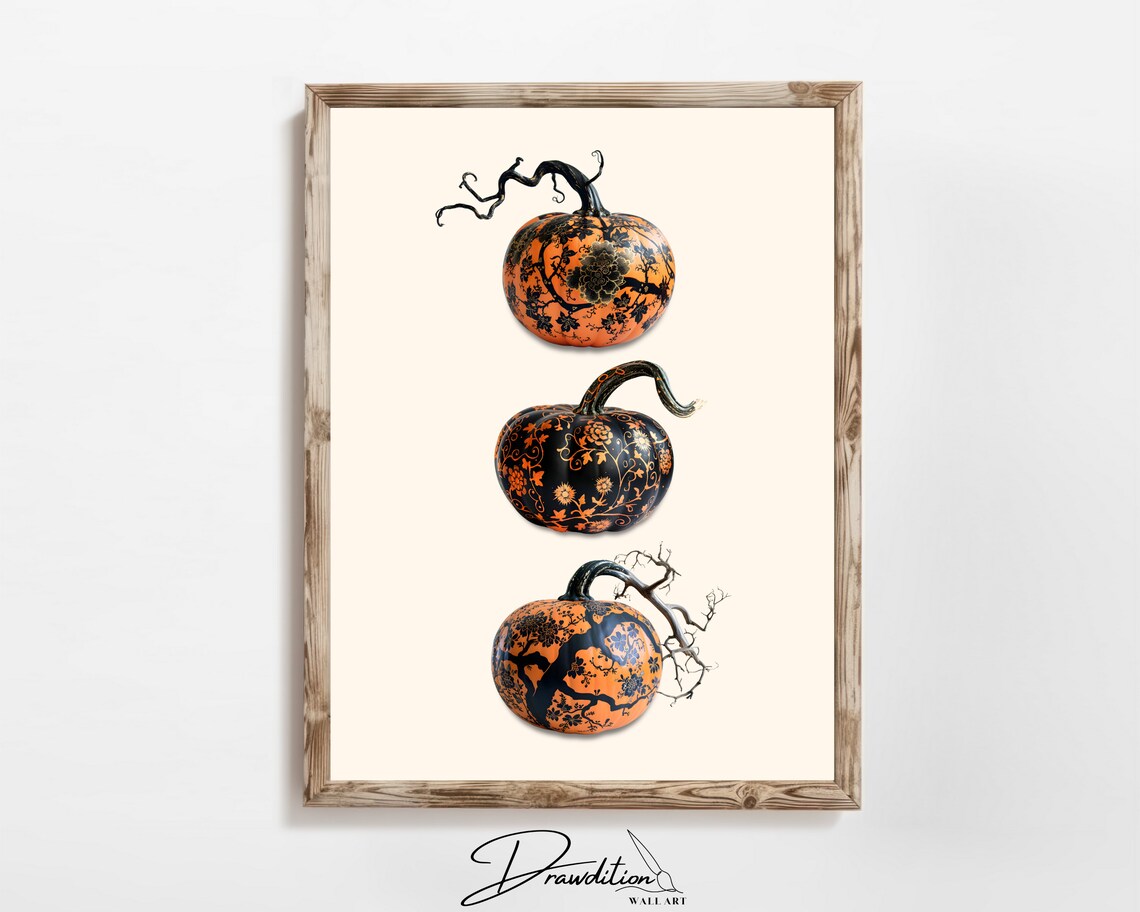 Black Orange Floral Pumpkin Trio Spooky Halloween Fall Poster