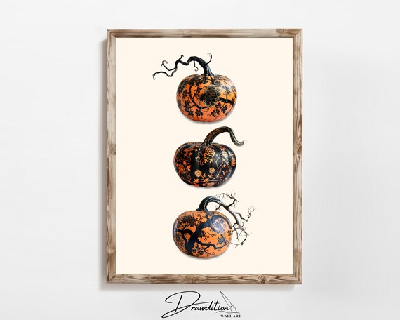 Black Orange Floral Pumpkin Trio Spooky Halloween Fall Poster