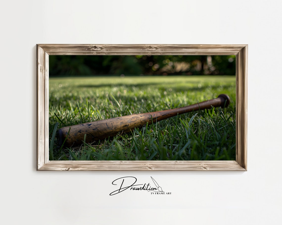 Old Wooden Baseball Bat Resting on Grass Field Sports Poster