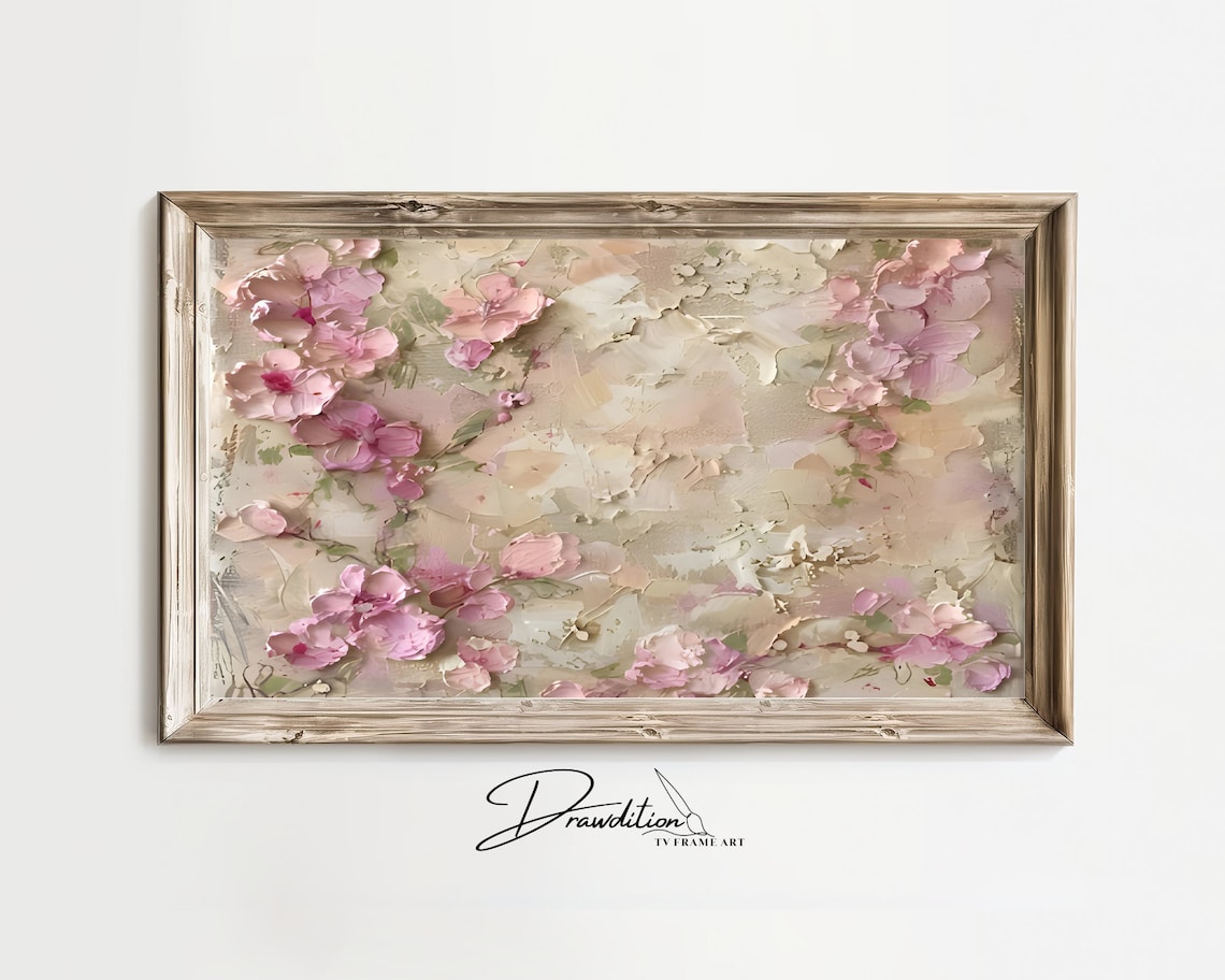 Pink Spring Blossoms Textured Floral Painting Neutral Cream Wall Art