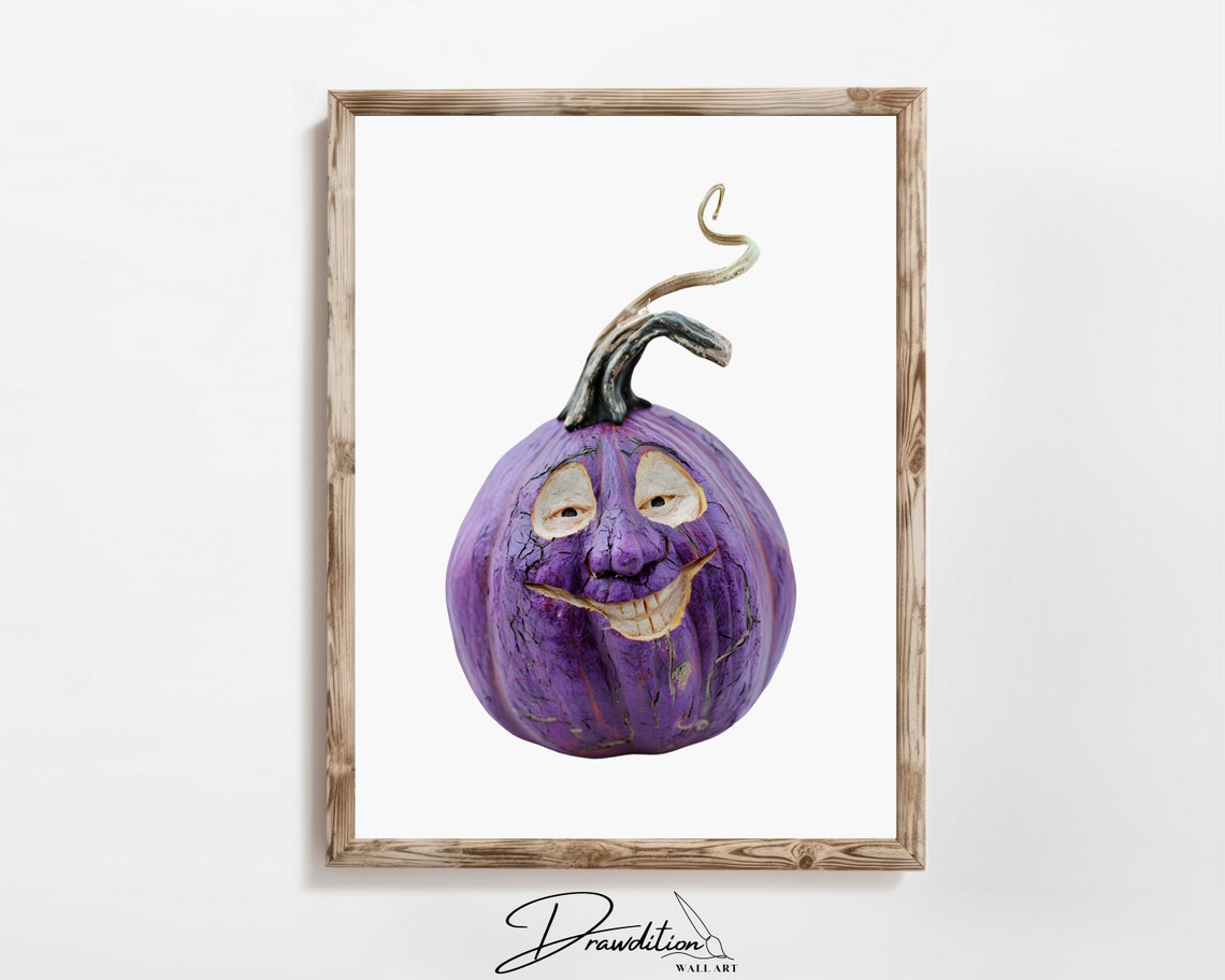 Purple Pumpkin Carved Smiling Face Gnarled Stem Halloween Poster