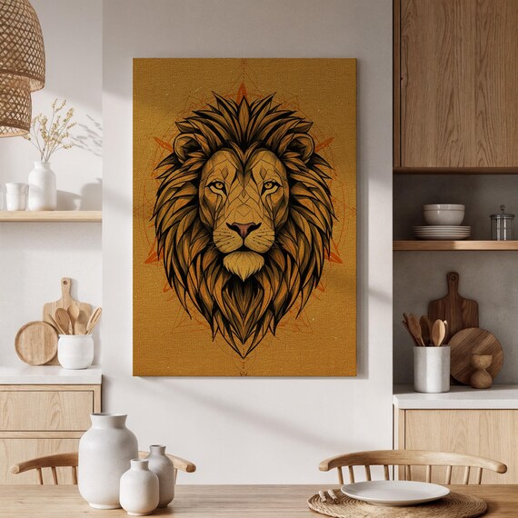 Framed Geometric Lion Canvas Print Abstract Artwork Minimalist Modern Wall Art Wild Animal Decor For Living Room Office Or Bedroom