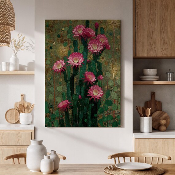 Blooming Pink Cactus Flowers on Golden Patterned Background Klimt Style Art Poster