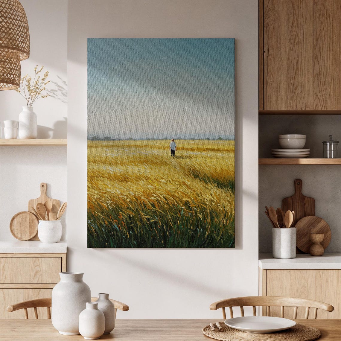 Lone Figure Walking Golden Wheat Field Painterly Countryside Wall Art
