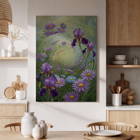 Purple Iris and Daisy Swirl Dreamy Garden Floral Painting Poster