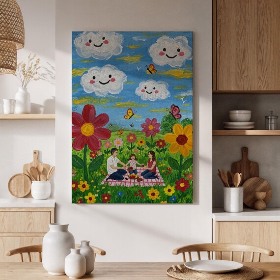 Cheerful Family Picnic Among Wildflowers And Smiling Clouds Poster