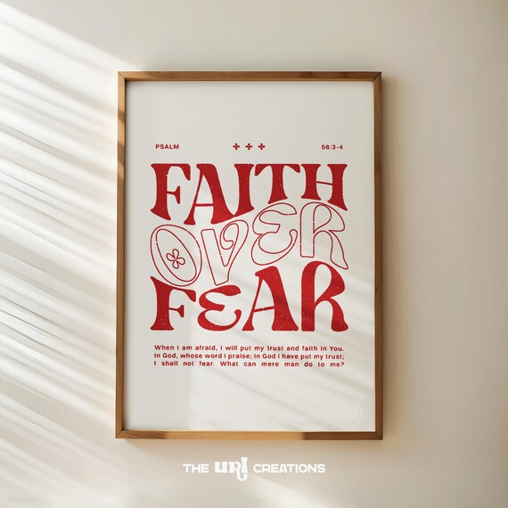 Faith Over Fear Bible Verse Wall Art Red Modern Christian Poster Retro Scripture Home Decor Motivational Quote Print