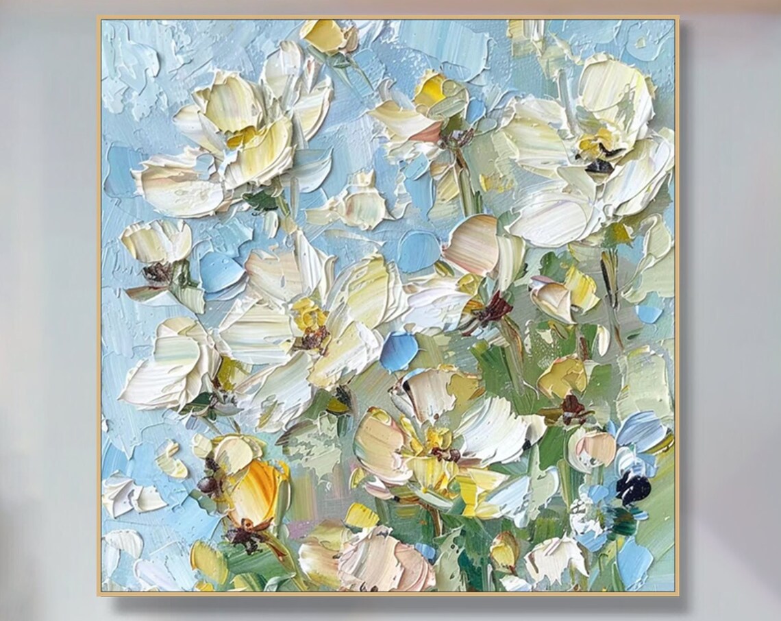 White Blossom Pastel Blue Floral Impasto Oil Painting Soft Poster