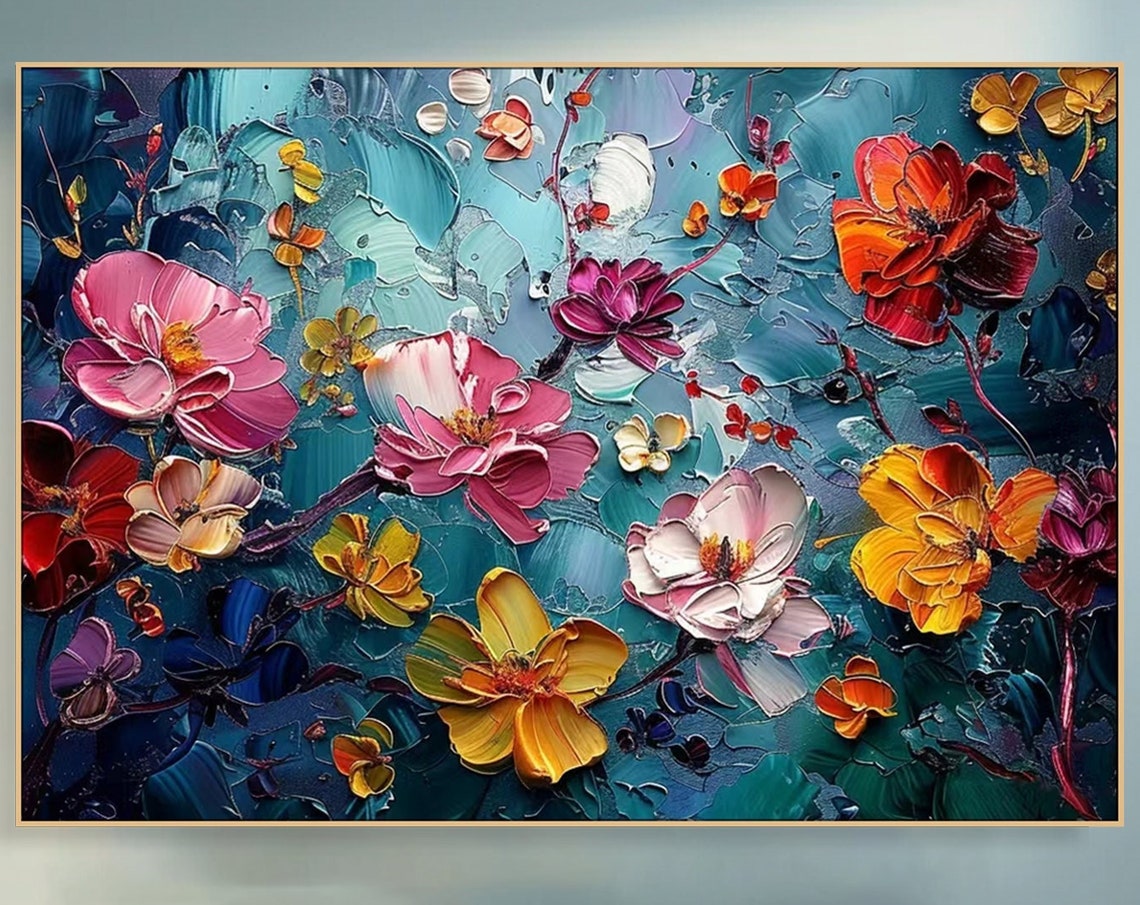 Colorful Blossom Flowers Teal Background Impasto Textured Art Print