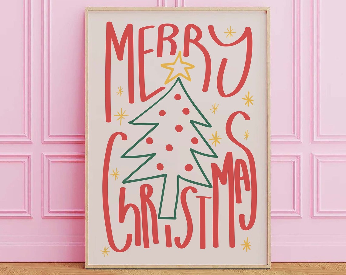 Merry Christmas Red Script Green Tree Holiday Lettering Wall Print