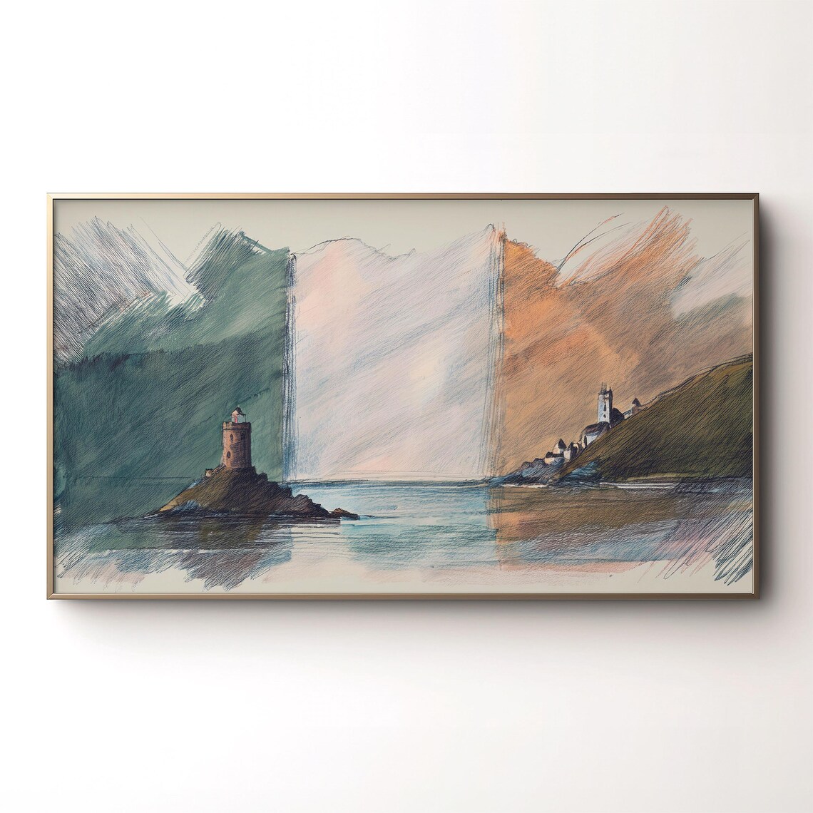 Ireland Coastline Sketch Round Tower Lighthouse Seascape Poster - Image 2