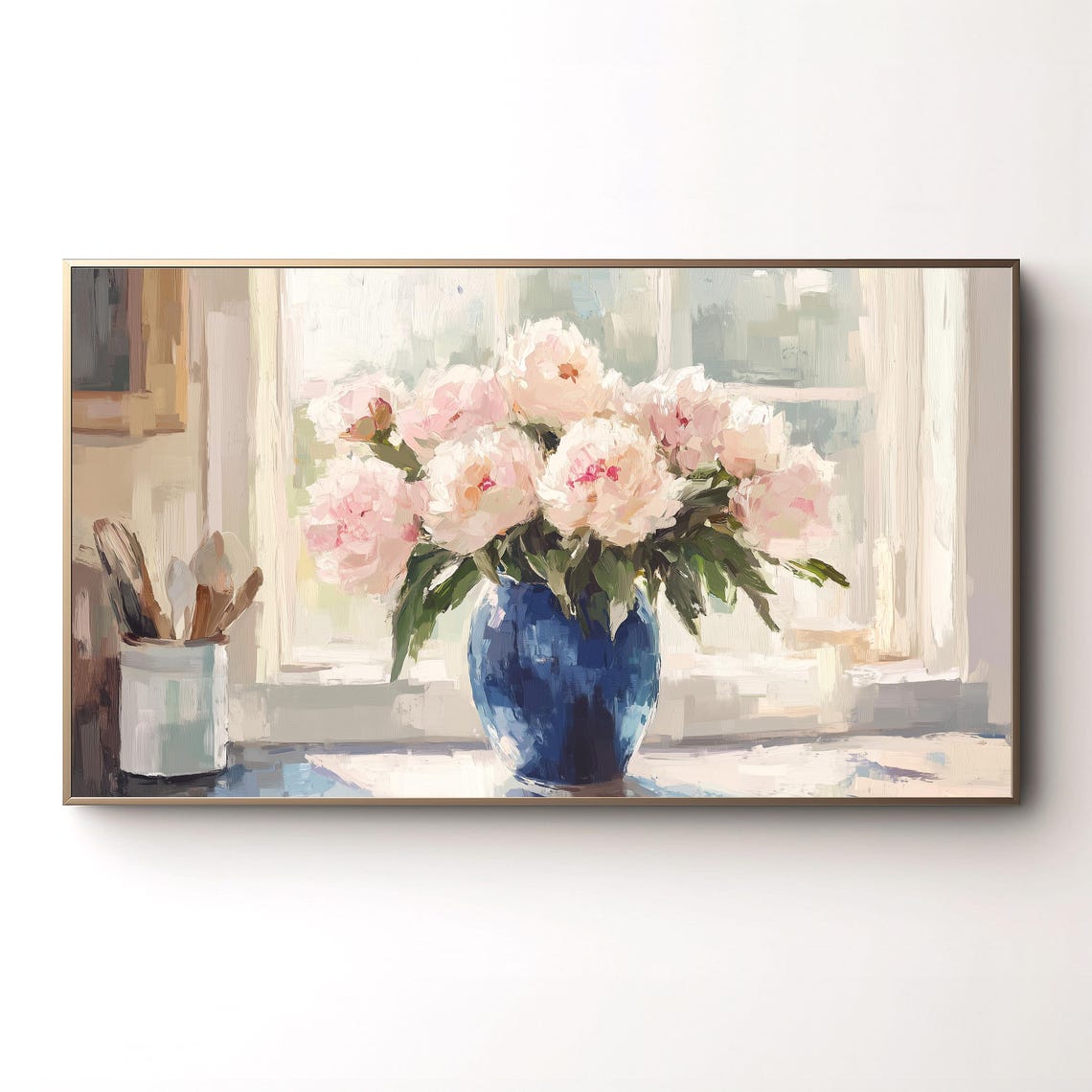 Pink Peonies Blue Vase Spring Flowers Window Still Life Poster - Image 3