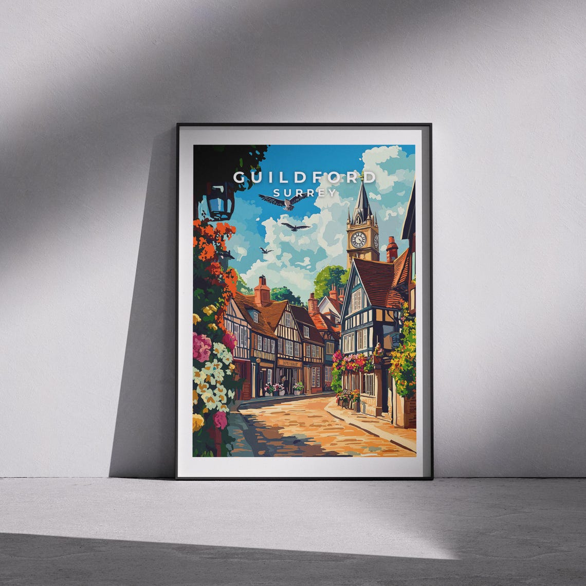 Guildford Surrey Historic High Street Clock Tower Illustration Poster