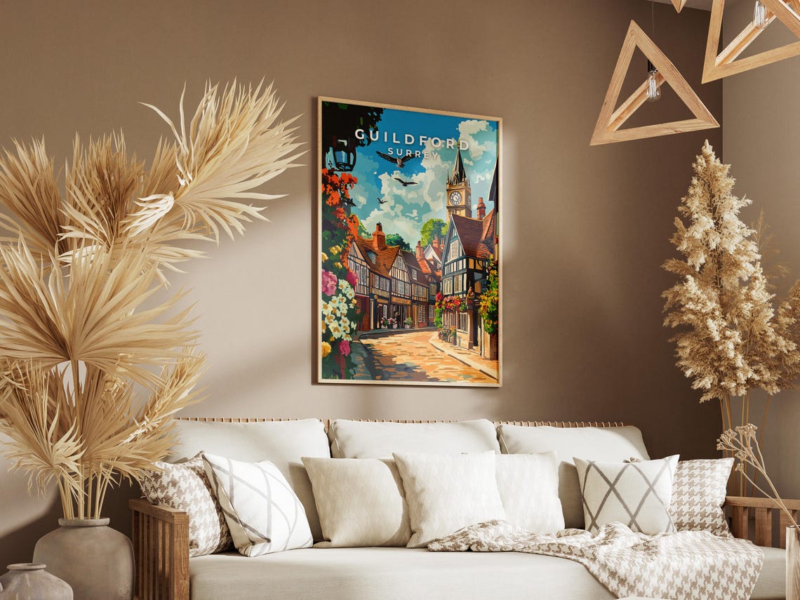 Guildford Surrey Historic High Street Clock Tower Illustration Poster - Image 2