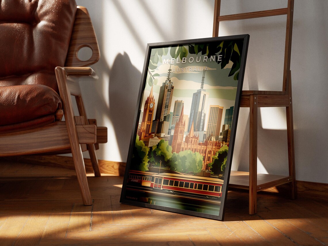 Melbourne Australia Skyline Tram Vintage Illustration Poster - Image 2