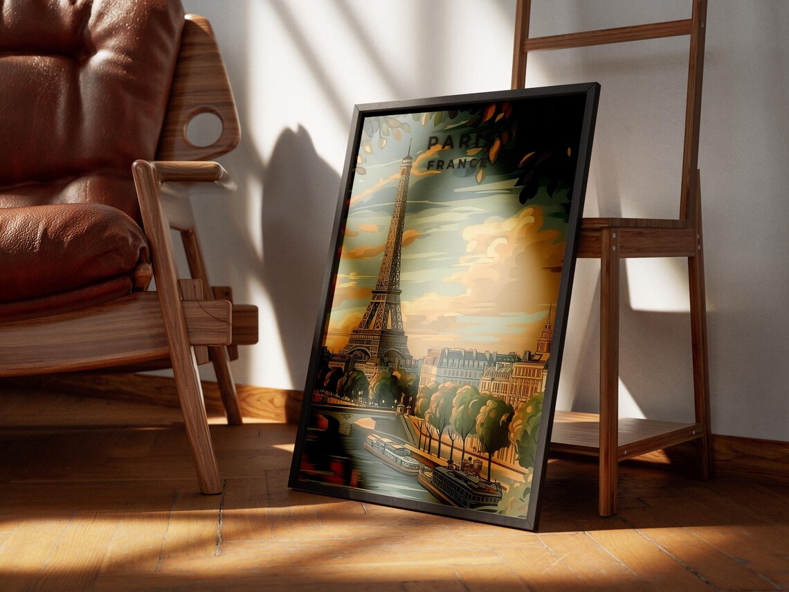 Paris France Eiffel Tower Seine River Vintage Illustration Poster - Image 2