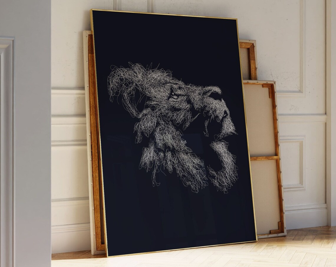 Lion Head White Scribble Sketch Black Background Animal Art Poster - Image 2